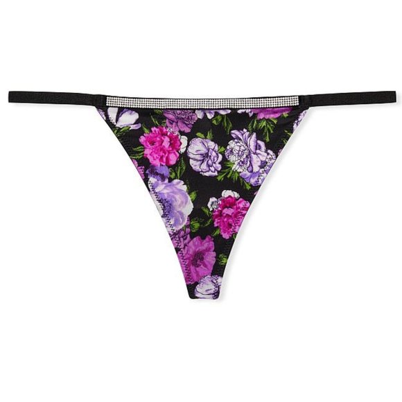 VS M Very Sexy Bombshell Shine V-String Panty Purple Black Floral Thong NWT - Picture 3 of 16